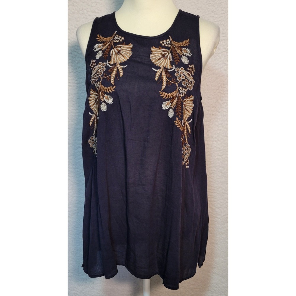 J. Jill Sleeveless Embroidered Blouse Size S Black Peasant Boho Tunic Top 1936